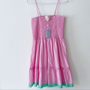 Sail to Sable spaghetti strap dress pink white gingham fringe lace trim teal